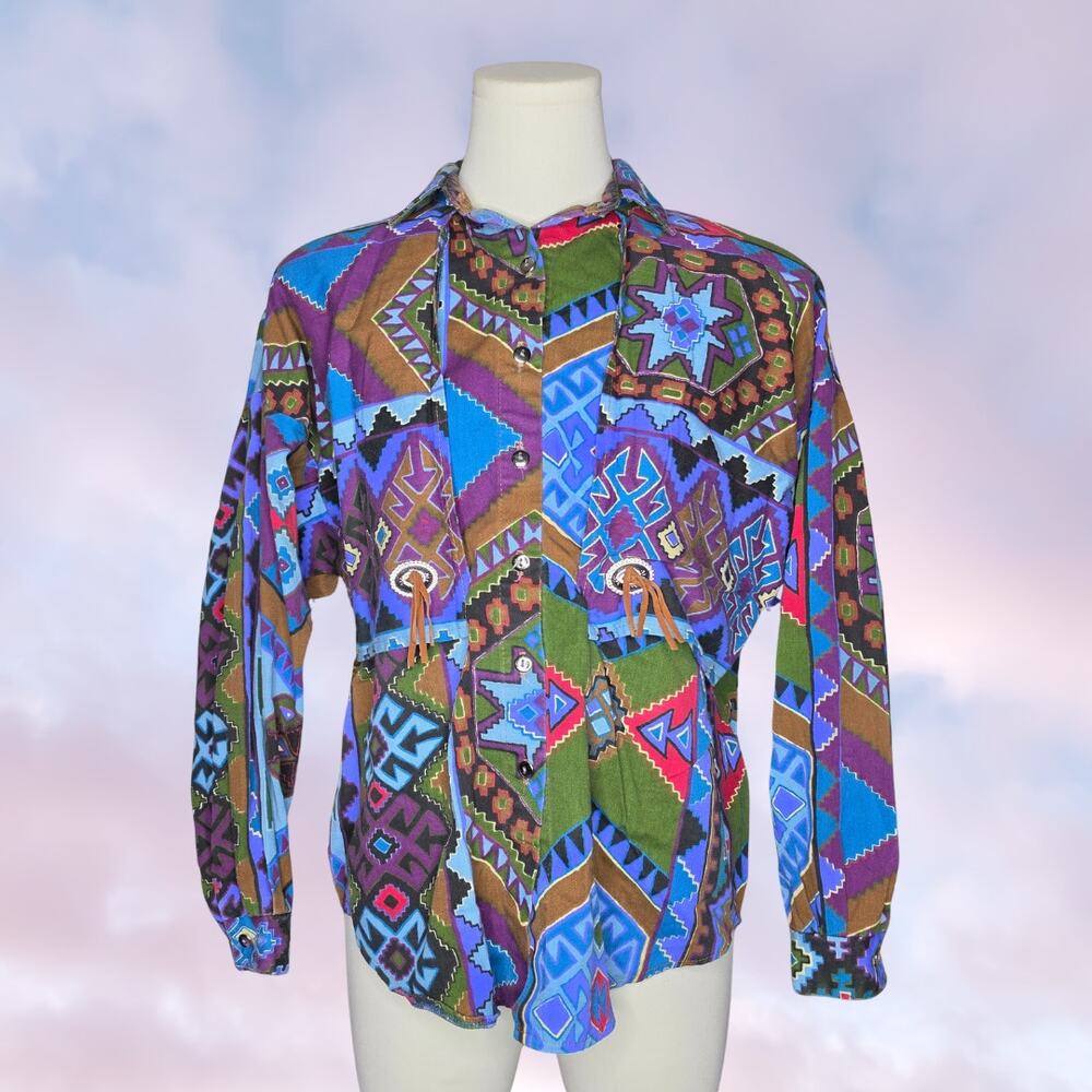 Vtg Circle T by Marilyn Lenon Southwest Aztec Cotton Shirt Jacket Womens Medium - Picture 2 of 7